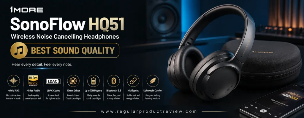 1MORE SonoFlow HQ51 wireless noise cancelling headphones with QuietMax Hybrid ANC, Hi-Res Audio Wireless, LDAC, Bluetooth multipoint, and up to 70-hour battery life.