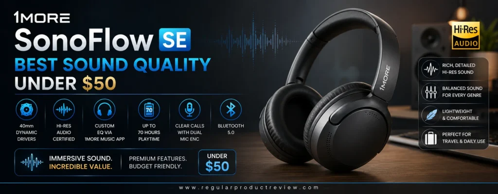 1MORE SonoFlow SE wireless headphones with Hi-Res Audio, LDAC, Hybrid Active Noise Cancellation, and long battery life — Best Sound Quality Headphones Under $50.