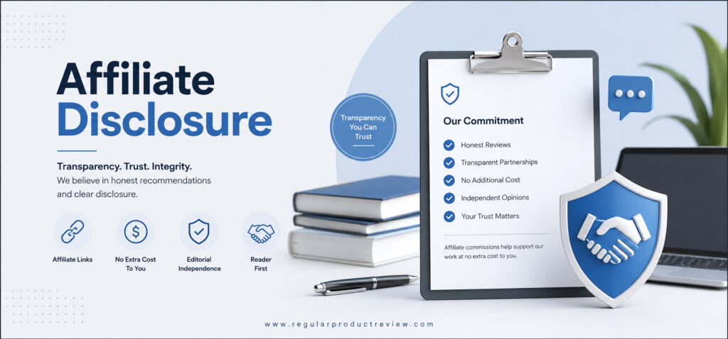 Affiliate Disclosure page banner for Regular Product Review highlighting transparency, affiliate links, editorial independence, reader trust, and honest product recommendations.