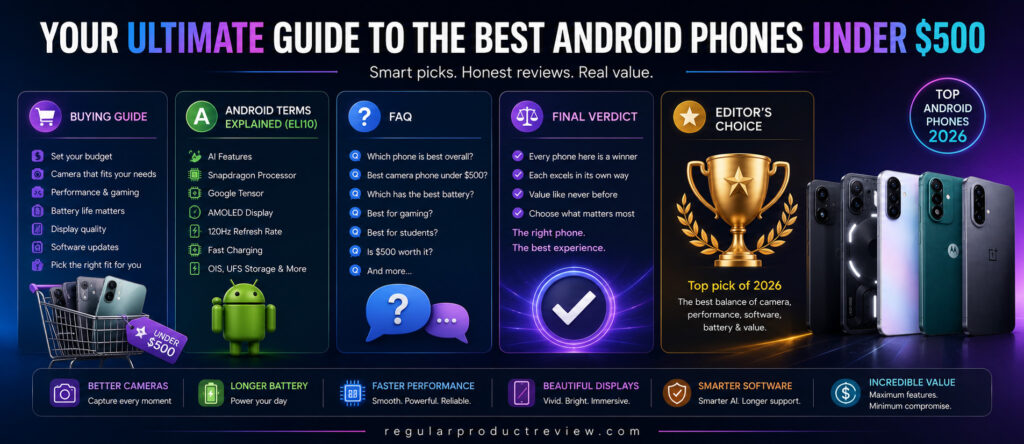 Buying guide for the best Android phones under $500 in 2026 featuring FAQs, Android terms explained, editor's choice, and smartphone comparison.