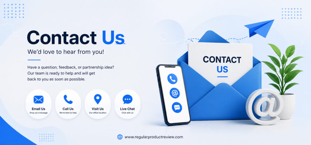 Modern Contact Us banner for Regular Product Review with email, business support, editorial contact, and customer communication illustration.