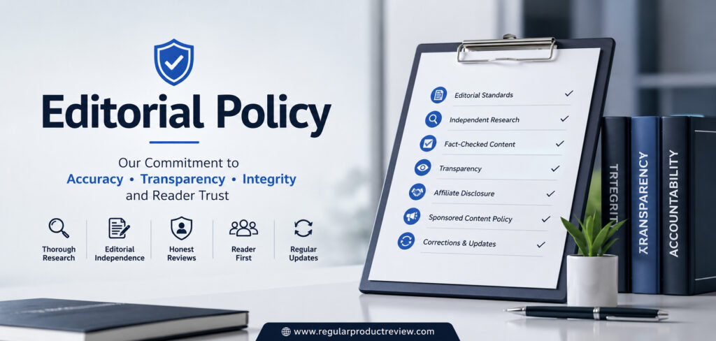 Editorial Policy banner for Regular Product Review highlighting editorial standards, independent research, fact-checking, transparency, and reader-first publishing.
