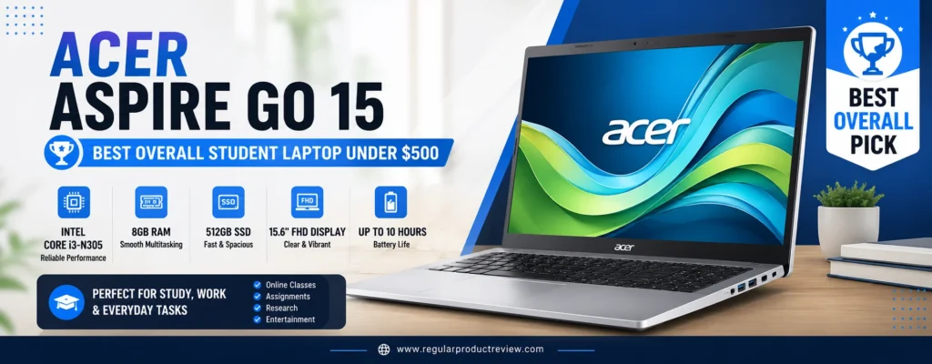 Acer Aspire Go 15 laptop featured as the best overall student laptop under $500 with Intel Core i3 processor, 8GB RAM, 512GB SSD, Full HD display, and long battery life for school and college.