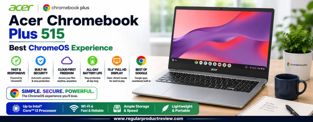 Acer Chromebook Plus 515 featured in a modern hero banner highlighting fast ChromeOS performance, built-in security, cloud-first productivity, all-day battery life, and a 15.6-inch Full HD display.