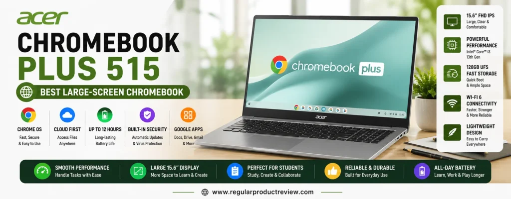 Acer Chromebook Plus 515 featured as the best large-screen Chromebook with a 15.6-inch Full HD IPS display, ChromeOS, Intel Core i3 processor, long battery life, and Google Workspace support for students.