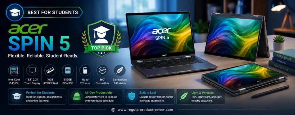 Acer Spin 5 convertible laptop with a 14-inch WQXGA touchscreen, Intel Core i7 processor, 16GB RAM, 512GB SSD, included stylus support, and 360-degree hinge, recognized as the best 2-in-1 laptop for students under $1000.