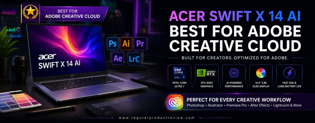 Acer Swift X 14 AI creator laptop featuring an OLED display, Intel Core Ultra processor, NVIDIA GeForce RTX graphics, and AI-powered performance, recognized as the best laptop for Adobe Creative Cloud under $1500.