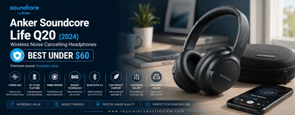 Anker Soundcore Life Q20 (2024) wireless noise cancelling headphones with Hybrid ANC, Hi-Res Audio, BassUp technology, Bluetooth Multipoint, and up to 60-hour battery life under $60.