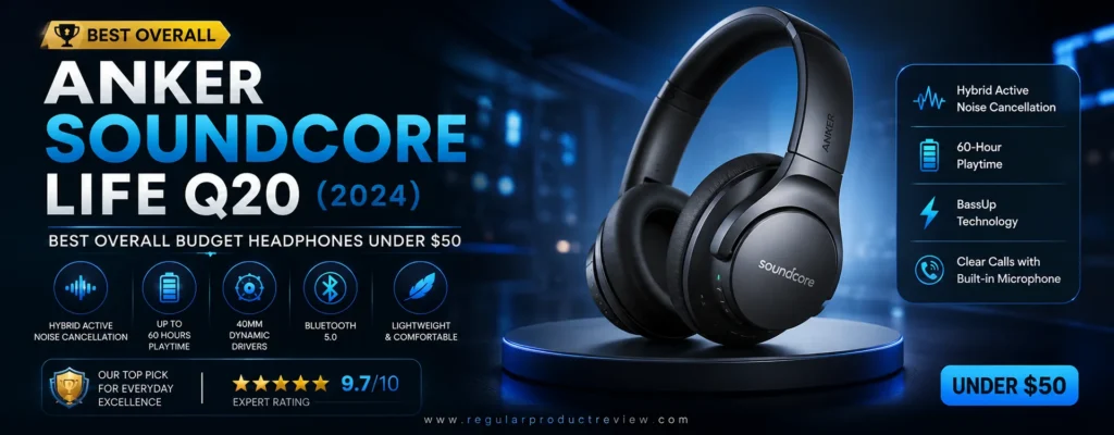 Anker Soundcore Life Q20 (2024) wireless headphones with Hybrid Active Noise Cancellation, 60-hour battery life, and Bluetooth 5.0 — Best Overall Budget Headphones Under $50.