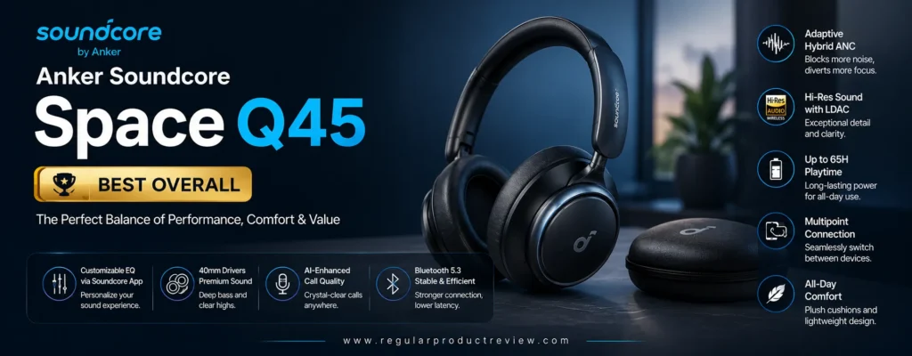 Anker Soundcore Space Q45 wireless noise cancelling headphones with adaptive hybrid ANC, Hi-Res Audio, LDAC, 65-hour battery life, and Bluetooth multipoint under $100.