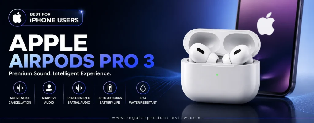 Apple AirPods Pro 3 Best for iPhone Users banner featuring premium sound, Active Noise Cancellation, Personalized Spatial Audio, long battery life, and IP54 water resistance.