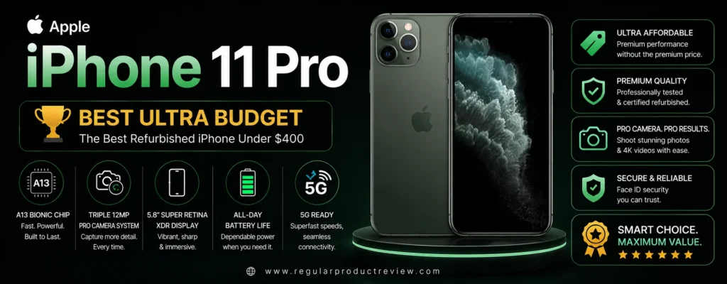 Apple iPhone 11 Pro Best Ultra Budget refurbished iPhone under $400 featuring the A13 Bionic chip, triple 12MP Pro camera system, Super Retina XDR OLED display, premium design, and outstanding value for U.S. buyers.