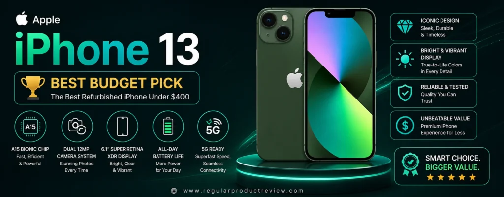 Apple iPhone 13 Best Budget Pick refurbished iPhone under $400 featuring the A15 Bionic chip, dual 12MP cameras, Super Retina XDR OLED display, 5G connectivity, and all-day battery life for U.S. buyers.