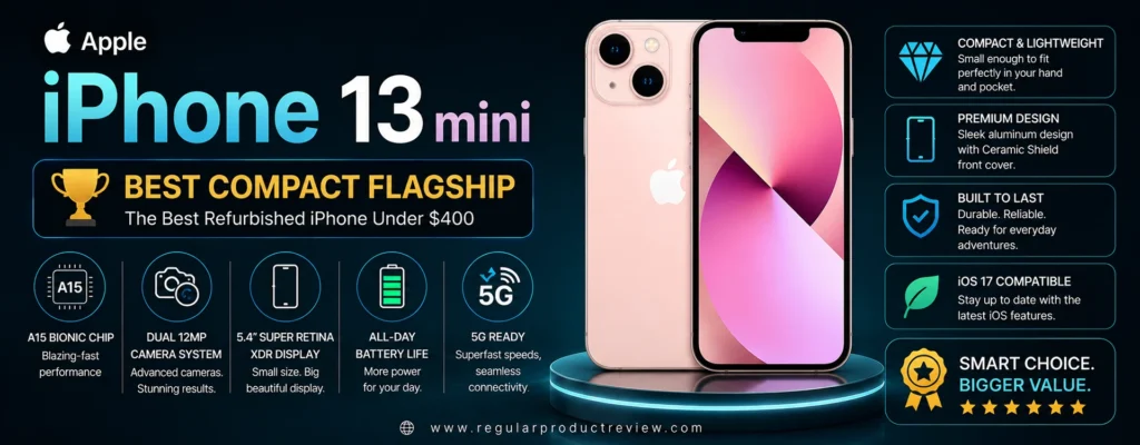 Apple iPhone 13 mini Best Compact Flagship refurbished iPhone under $400 featuring the A15 Bionic chip, 5.4-inch Super Retina XDR OLED display, dual 12MP cameras, 5G connectivity, and compact premium design for U.S. buyers.