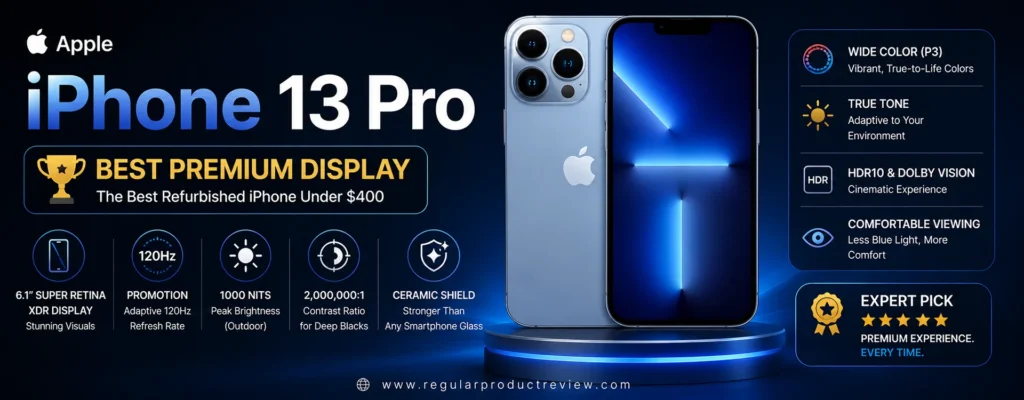 Apple iPhone 13 Pro Best Premium Display refurbished iPhone under $400 featuring a 120Hz ProMotion Super Retina XDR OLED display, A15 Bionic chip, triple-camera system, and premium stainless steel design for U.S. buyers.