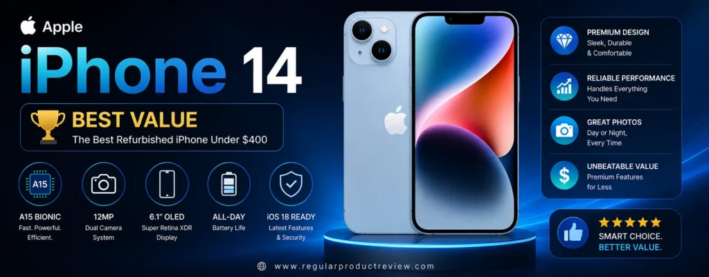 Apple iPhone 14 Best Value refurbished iPhone under $400 featuring the A15 Bionic chip, dual 12MP cameras, Super Retina XDR OLED display, all-day battery life, and 5G connectivity for U.S. buyers.