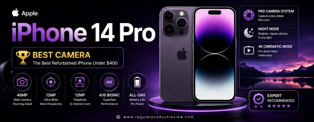 Apple iPhone 14 Pro Best Camera refurbished iPhone under $400 featuring a 48MP Pro camera system, A16 Bionic chip, 3x telephoto zoom, Night Mode, and premium OLED display for U.S. buyers.