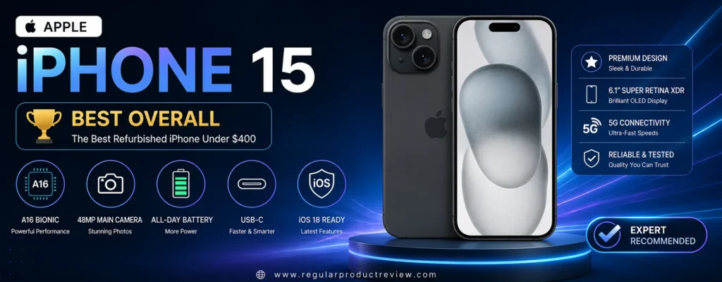Apple iPhone 15 Best Overall refurbished iPhone under $400 featuring A16 Bionic chip, 48MP camera, USB-C, all-day battery life, and premium OLED display for U.S. buyers.