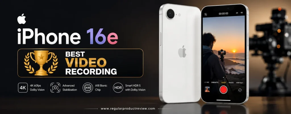 Apple iPhone 16e Best Video Recording promotional banner featuring 4K Dolby Vision video, advanced stabilization, Apple A18 chip, and premium smartphone camera performance.