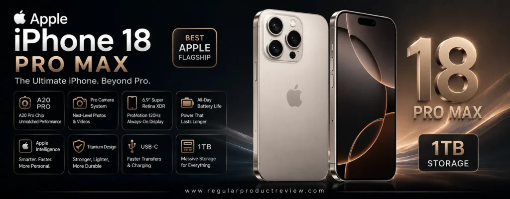 Apple iPhone 18 Pro Max with official 1TB storage, featuring Apple Intelligence, Pro camera system, Super Retina XDR display, and premium titanium design.