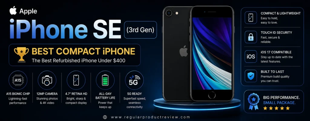 Apple iPhone SE (3rd Generation) Best Compact iPhone refurbished under $400 featuring the A15 Bionic chip, 4.7-inch Retina HD display, Touch ID, 5G connectivity, and compact lightweight design for U.S. buyers.