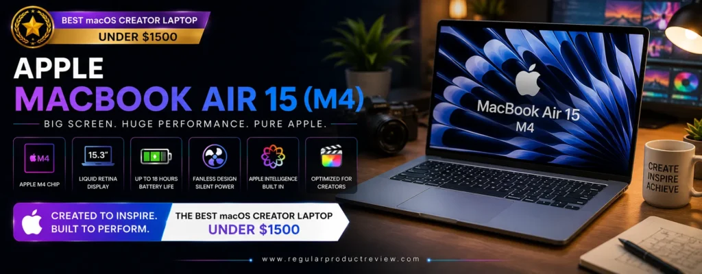 Apple MacBook Air 15 with M4 chip featuring a 15.3-inch Liquid Retina display, Apple Intelligence, all-day battery life, and premium aluminum design, recognized as the best macOS creator laptop under $1500 for video editing, photography, graphic design, and content creation.
