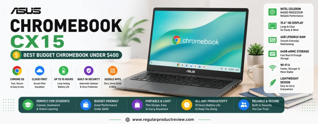 ASUS Chromebook CX15 featured as the best budget Chromebook under $400 with ChromeOS, a 15.6-inch display, Intel processor, long battery life, Wi-Fi 6, and Google Workspace support for students.