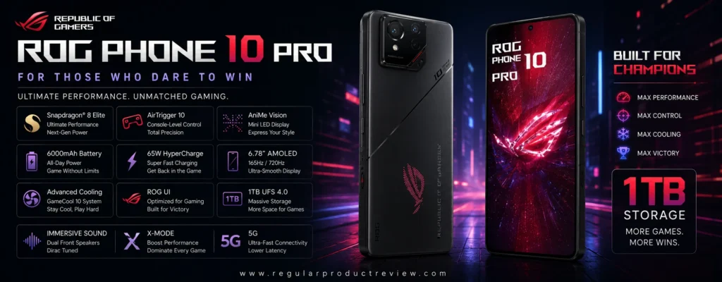 ASUS ROG Phone 10 Pro with official 1TB storage, featuring Snapdragon 8 Elite performance, advanced gaming controls, AMOLED display, and premium cooling technology.