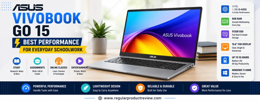 ASUS Vivobook Go 15 featured as the best performance laptop for everyday schoolwork with Intel Core i3-N305, 8GB RAM, 512GB SSD, Full HD display, and all-day battery life for students.