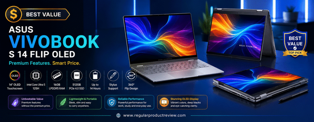 ASUS Vivobook S 14 Flip OLED convertible laptop featuring a 14-inch OLED touchscreen, Intel Core Ultra 5 processor, 16GB RAM, 512GB SSD, and 360-degree hinge, recognized as the best value 2-in-1 laptop under $1000.