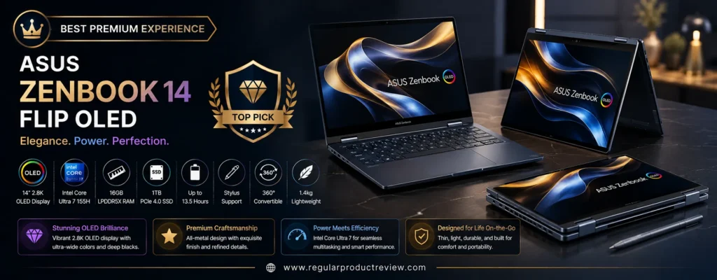 ASUS Zenbook 14 Flip OLED convertible laptop featuring a 2.8K OLED touchscreen, Intel Core Ultra 7 processor, 16GB LPDDR5X RAM, 1TB PCIe Gen4 SSD, and a 360-degree hinge, recognized as the best premium 2-in-1 laptop under $1000.