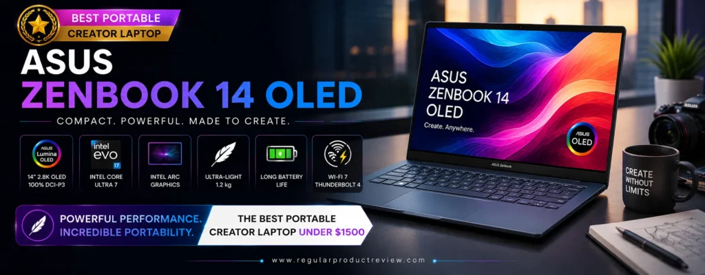 ASUS Zenbook 14 OLED portable creator laptop featuring a 3K ASUS Lumina OLED display, AMD Ryzen AI processor, lightweight aluminum design, and AI-powered performance, recognized as the best portable creator laptop under $1500.
