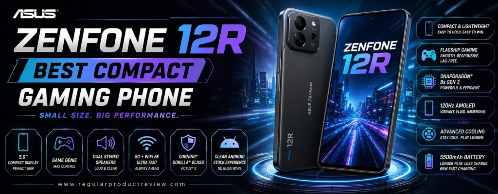 A premium hero banner featuring the ASUS Zenfone 12R smartphone with a futuristic blue and purple cyber theme, bold typography, compact gaming feature icons, and a modern technology-inspired background.