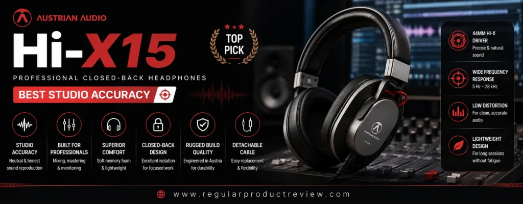 Austrian Audio Hi-X15 professional closed-back studio headphones featured as the best studio accuracy headphones with Hi-X drivers, neutral sound, detachable cable, and lightweight design.