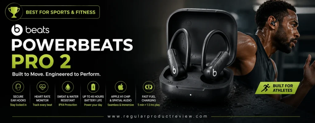 Beats Powerbeats Pro 2 Best for Sports and Fitness wireless earbuds banner featuring secure ear hooks, heart rate monitoring, Active Noise Cancellation, 45-hour battery life, and IPX4 sweat and water resistance.