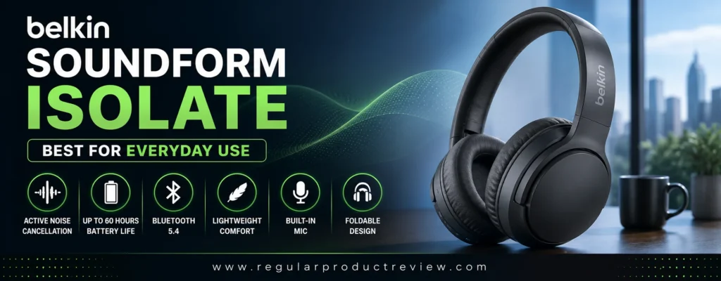 Modern hero banner featuring the Belkin SoundForm Isolate wireless headphones with bold icons highlighting Active Noise Cancellation, up to 60 hours of battery life, Bluetooth 5.4, lightweight comfort, built-in microphone, and foldable design.