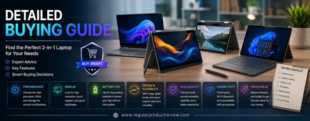 Detailed buying guide for the best 2-in-1 laptops under $1000 featuring convertible laptops, buying tips, performance, battery life, display quality, and smart purchasing advice.