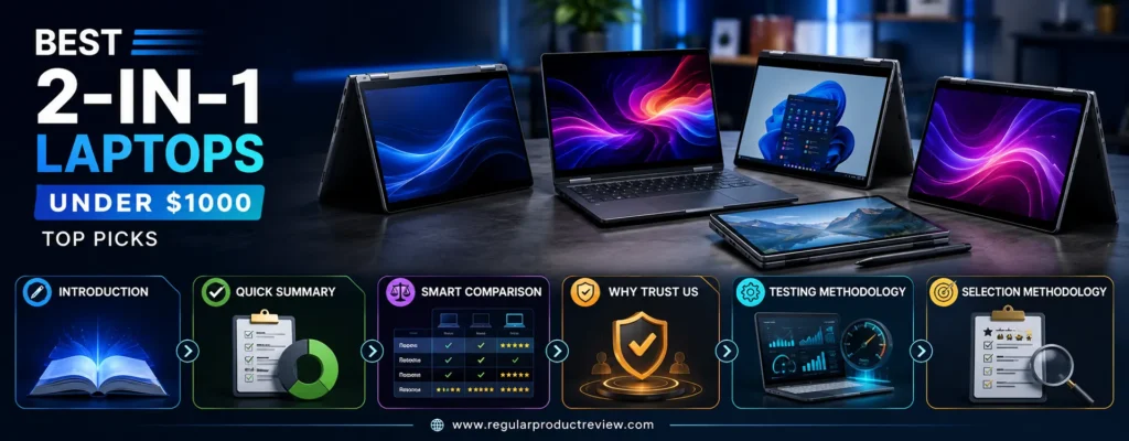 Best 2-in-1 laptops under $1000 overview featuring premium convertible laptops with touchscreen displays, smart comparison, expert testing, and buying guide highlights.