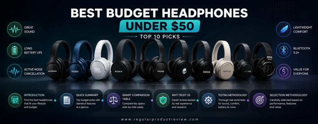 Best Budget Headphones Under $50 overview banner featuring introduction, quick summary, comparison table, testing methodology, and expert buying guide.