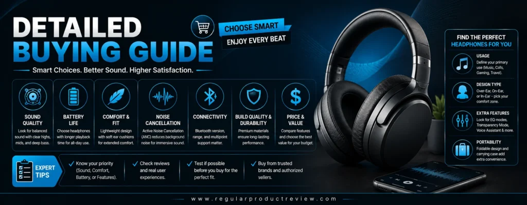 Detailed Buying Guide for the best budget headphones under $50 featuring expert buying tips, sound quality, battery life, comfort, ANC, Bluetooth connectivity, and value comparison.