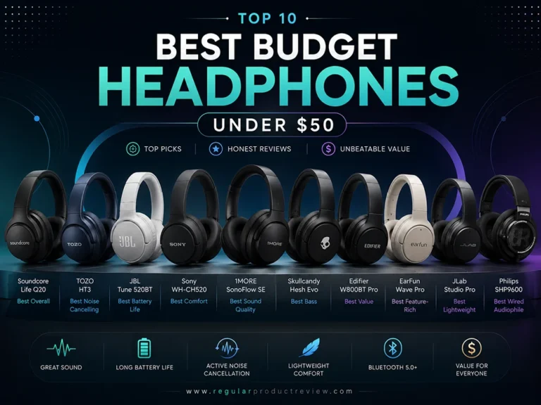 Best Budget Headphones Under $50 featuring the top 10 affordable wireless and wired headphones for music, gaming, travel, and everyday use.