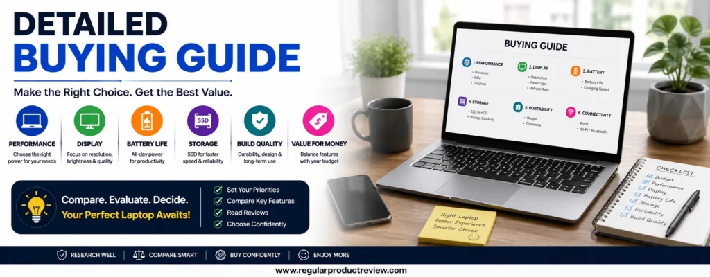 Detailed Buying Guide banner for choosing the best budget laptops under $500, highlighting performance, display, battery life, storage, build quality, and overall value.