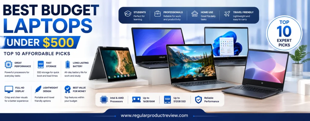 Best Budget Laptops Under $500 buying guide banner featuring top affordable laptops with key highlights including SSD storage, battery life, Full HD display, and everyday performance.
