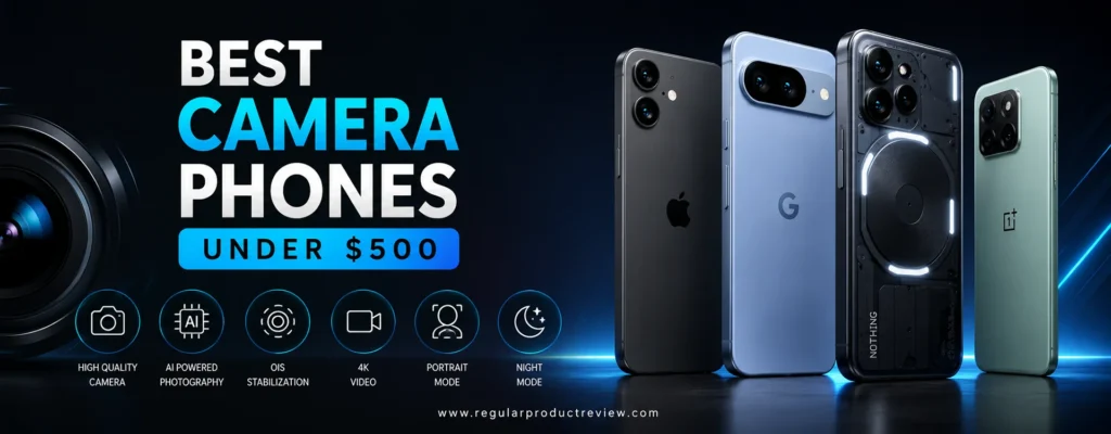Modern hero banner for Best Camera Phones Under $500 featuring premium smartphones with AI camera technology, OIS, 4K video, portrait mode, and night photography.