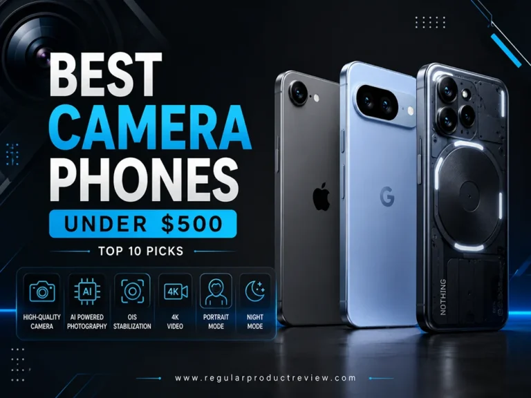 Best Camera Phones Under $500 featuring modern smartphones with AI camera, OIS, 4K video, portrait mode, and night mode highlights.