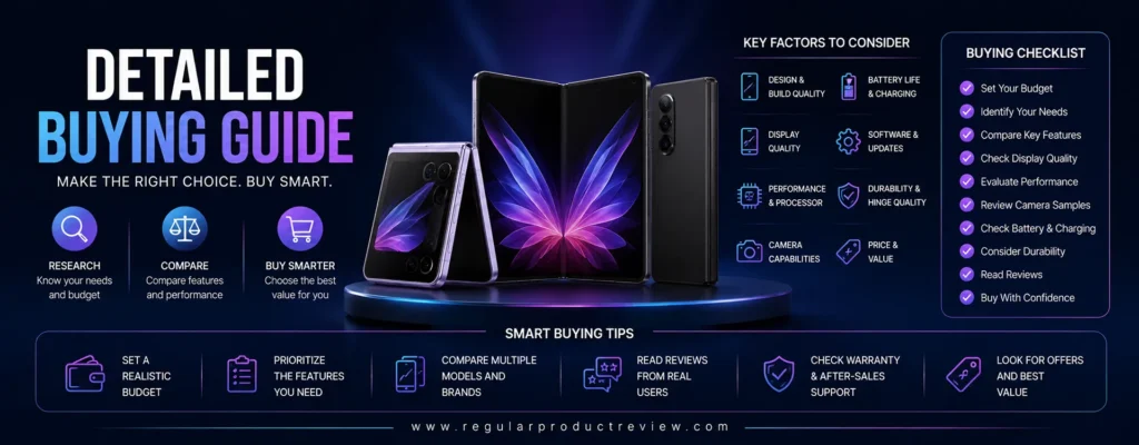 Modern infographic buying guide for the best compact foldable phones featuring flip and book-style smartphones, comparison icons, buying checklist, and smart purchasing tips for choosing the right foldable phone.