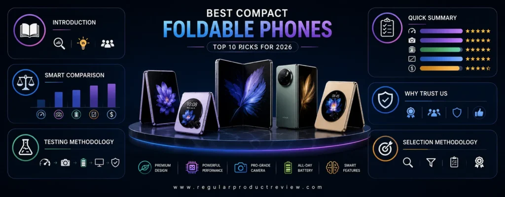Modern infographic introducing the best compact foldable phones, featuring premium flip and book-style smartphones with quick summary, smart comparison, expert testing methodology, and buying guide highlights.