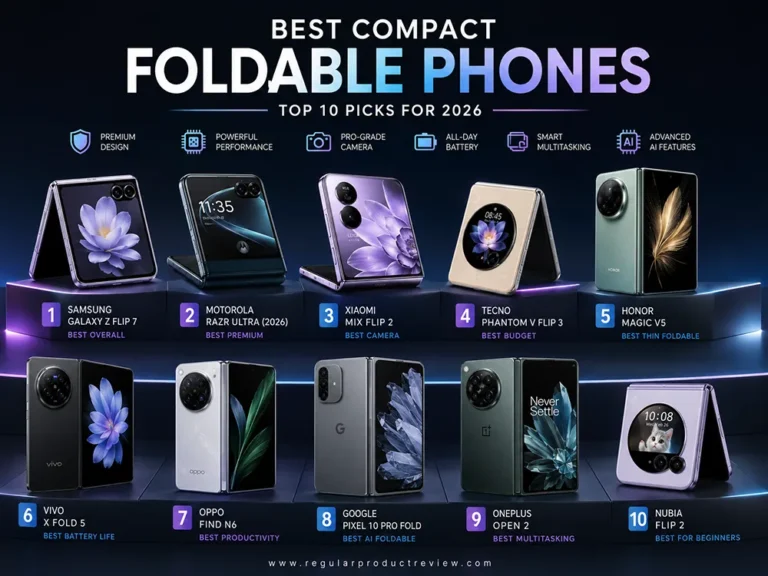 Best Compact Foldable Phones featuring Samsung Galaxy Z Flip 7, Motorola Razr Ultra (2026), Xiaomi MIX Flip 2, HONOR Magic V5, Google Pixel 10 Pro Fold, OnePlus Open 2, vivo X Fold 5, OPPO Find N6, TECNO Phantom V Flip 3, and nubia Flip 2.