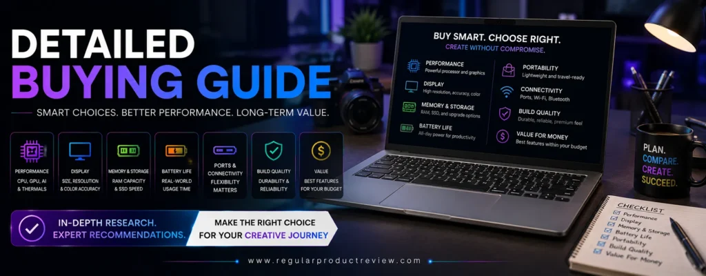 Detailed buying guide banner for the best creator laptops under $1500 featuring key buying factors including display quality, processor, graphics, RAM, storage, battery life, portability, and overall value for creative professionals.