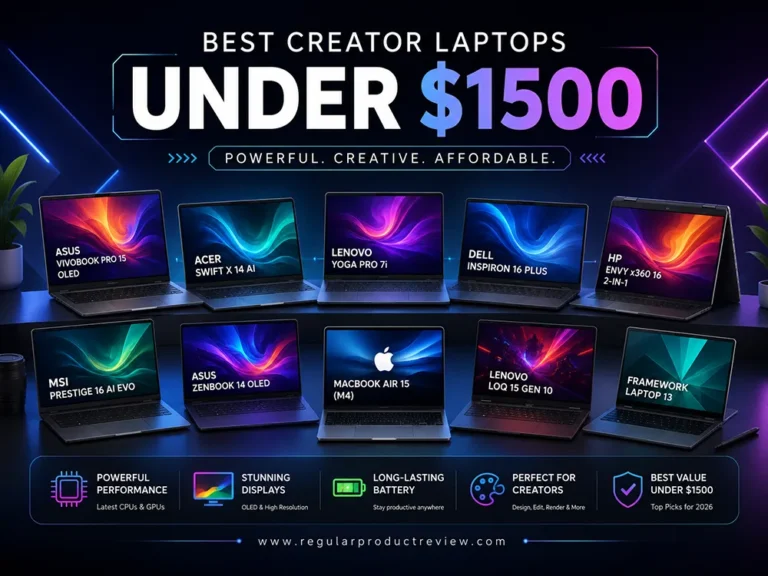 Modern hero banner showcasing the best creator laptops under $1500, featuring premium laptops for video editing, graphic design, photography, 3D rendering, and content creation with a clean, futuristic design.